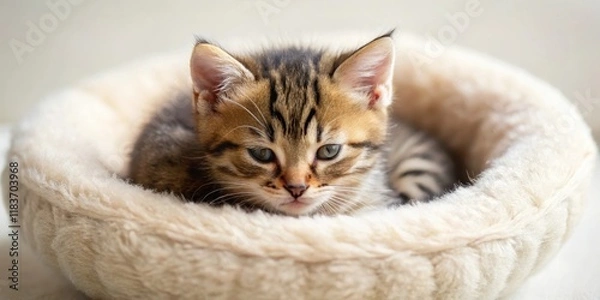 Fototapeta Adorable tabby kitten curled up in a ball on soft cushion, cushion, soft, cushion,soft,tabby,whiskers,sleep,cat