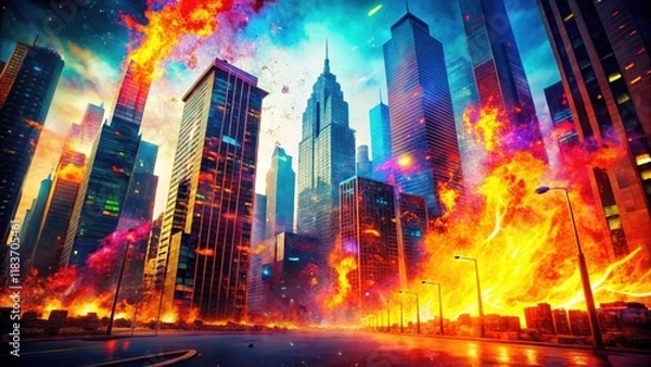 Fototapeta Vibrant colors splatter across a blurred urban landscape as flames engulf skyscrapers and neon lights flicker wildly in an explosive display of abstract chaos, colors, vibrant
