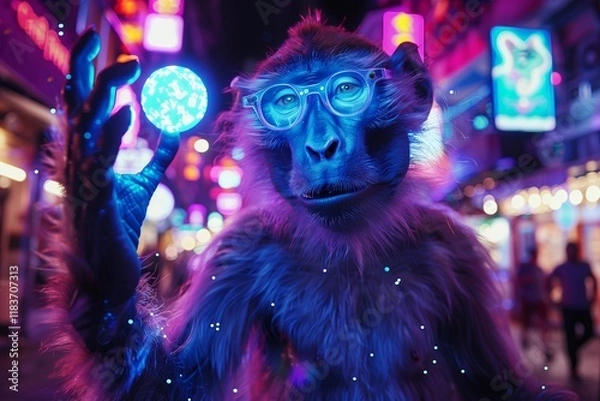 Fototapeta A whimsical monkey wearing glasses, holding a glowing orb in a neon-lit urban setting, full of vibrant colors.