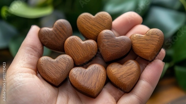 Obraz Many wooden heart gently in a hand of leader. Representing leader with caring, empathy and respect. Gentle and supportive.