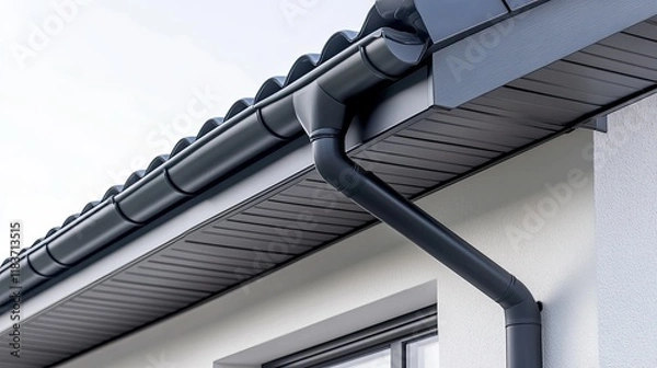 Obraz Modern House Exterior with Seamless Black Gutters and Downspout