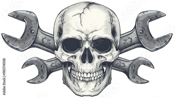 Fototapeta A skull with crossed wrenches, symbolizing mechanics and automotive themes.