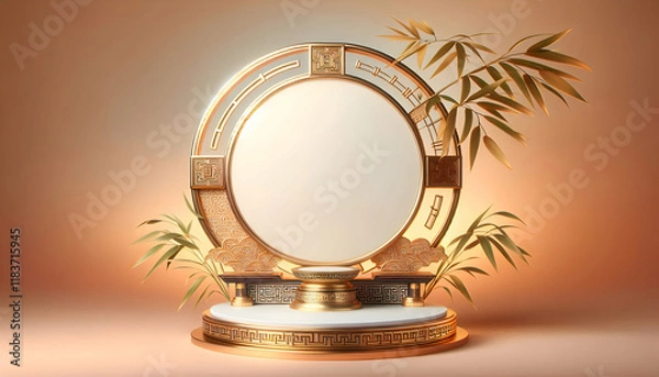 Fototapeta Chinese new year A refined Chinese-inspired scene with a circular frame, adorned with geometric patterns along the si4