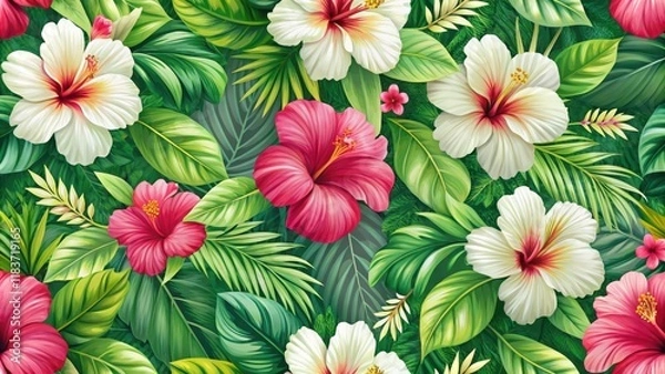 Fototapeta Tropical floral seamless pattern featuring vibrant hibiscus flowers with delicate white and pink petals, set against a bright green leafy background, hibiscus, seamless