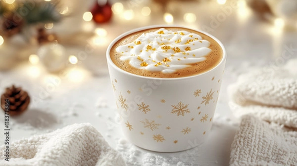 Fototapeta Festive Cup of Hot Cocoa with Whipped Cream and Gold Sprinkles on White Background with Holiday Decorations.