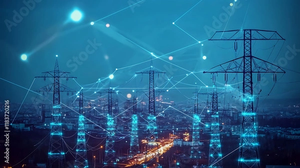 Fototapeta This image illustrates the use of digital technology for energy digitization and communication for internet businesses, the network on earth and the internet of things are represented together in this