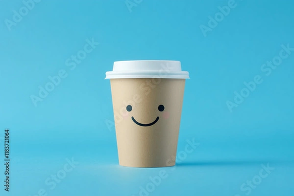 Fototapeta Cute Smiling Coffee Cup with White Lid on Blue Background. Simple and Cheerful Design.