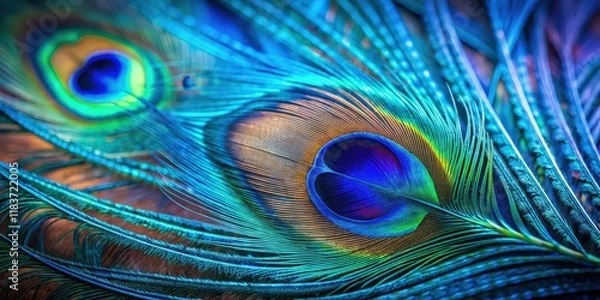 Fototapeta Close-up of a vibrant blue peacock feather with intricate patterns and iridescent sheen