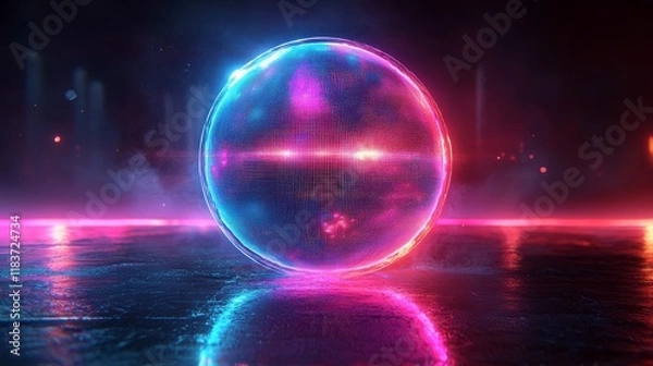 Obraz Science and technology abstract graphic background with a sphere planet circle featuring blue and pink tones on a dark background