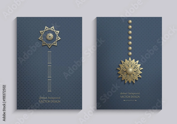 Fototapeta Stock vector set of brochures with gold 3d emblems. Elegant abstract composition, creative round shape icon,  banner in golden and navy blue tones. Vintage style. Design templates. Size A4, vertical. 