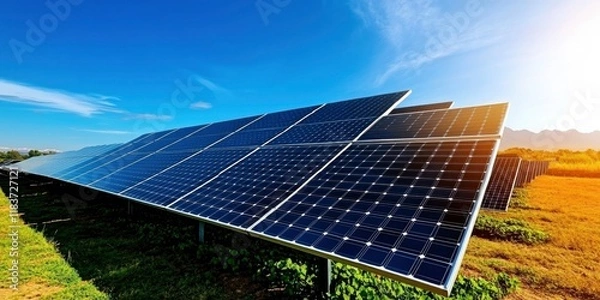 Fototapeta solar panels in meadow, blue sky, mountains in the background
