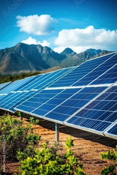 Fototapeta solar panels in meadow, blue sky, mountains in the background