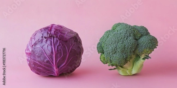 Fototapeta Purple cabbage and green broccoli against a pink background