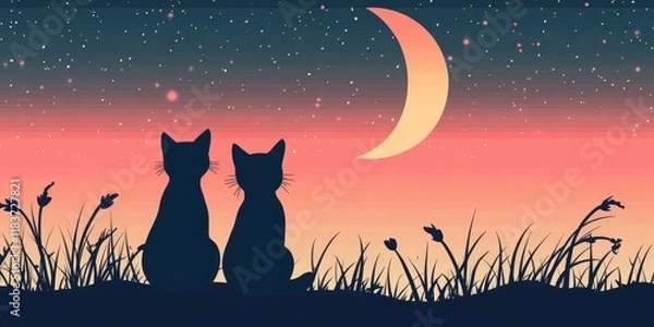 Fototapeta Two cats sitting together, watching the moon and stars in the sky in vibrant color