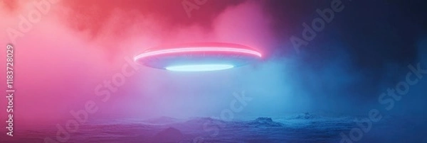 Fototapeta UFO with neon lights flying over the ground, pink and blue colors, foggy background