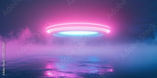 Fototapeta UFO with neon lights flying over the ground, pink and blue colors, foggy background