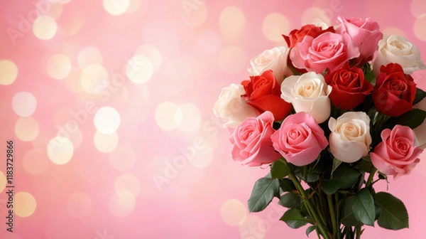 Fototapeta bouquet of roses in soft focus with gentle bokeh background, featuring pink, red, and white roses, creating romantic and elegant atmosphere