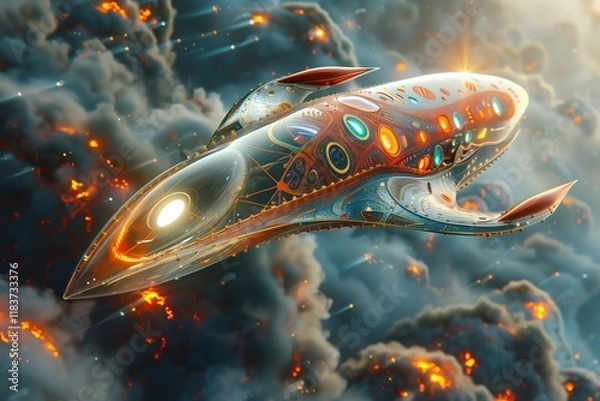 Fototapeta Futuristic spaceship soaring through clouds, blending advanced design with vibrant colors and dramatic lighting.