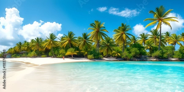 Fototapeta Tropical paradise, pristine white sandy beach, crystal clear turquoise water, lush palm trees, vibrant blue sky, fluffy white clouds, idyllic Caribbean island, serene oceanscape, sun-drenched 
