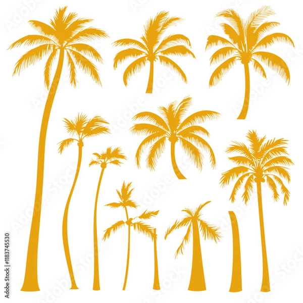 Fototapeta Silhouette set of vector images featuring yellow palm trees on a white background png