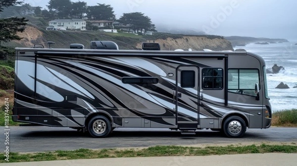 Fototapeta Class A bus parked by the Oceanside Cliffs
