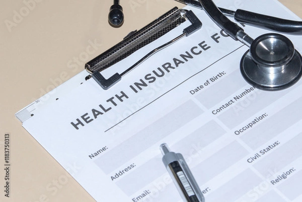 Fototapeta A health insurance application form set on a desk with a stethoscope, illustrating medical coverage and patient protection.