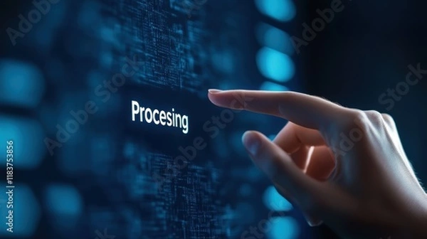 Fototapeta A hand touching a digital screen with the word "Processing" displayed, symbolizing technology and user interaction in a modern interface.
