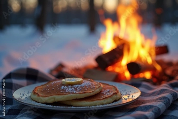 Fototapeta A plate of freshly made pancakes is resting on a picnic blanket. Nearby, a cheerful fire blazes, casting a cozy glow on the winter landscape.