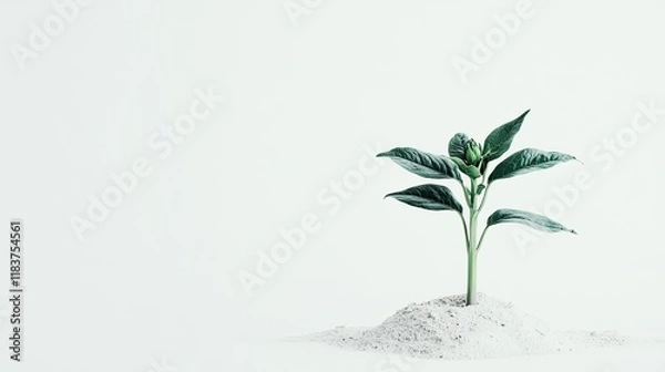 Fototapeta Sapling growing in sand against white background; growth, nature, new life concept; website banner.