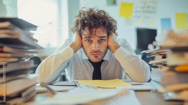 Obraz Businessman facing a high stress at work. Burnout, physical exhaustion, and low productivity. Toxic corporate office environment.