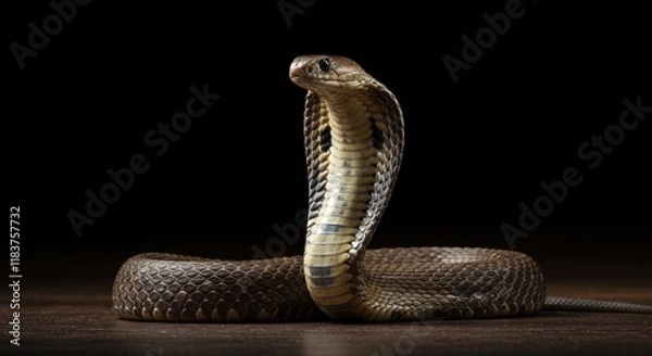 Fototapeta A Majestic Cobra Displays Its Hood In Dark Surroundings