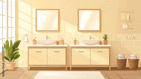 Fototapeta Beige bathroom interior with two washbasins and cabinet with accessories