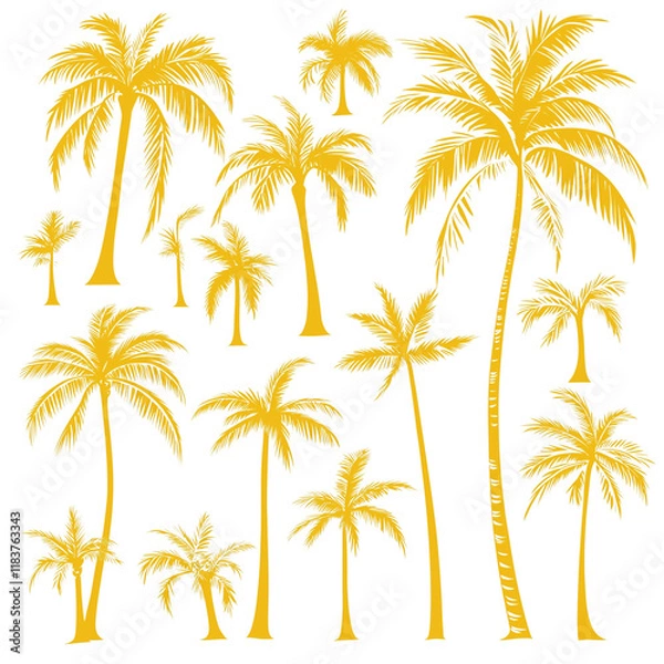 Fototapeta Vector set of yellow palm tree silhouettes on a transparent background png