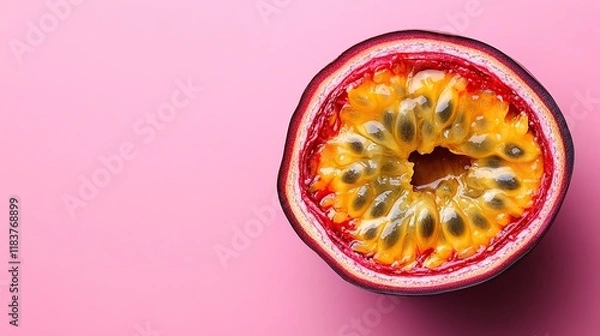 Obraz Fresh Halved Passion Fruit with Juicy Pulp on Pink Background