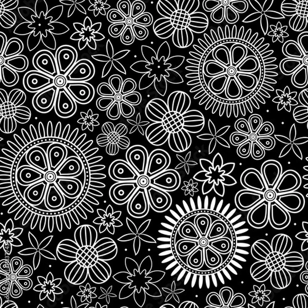 Fototapeta Seamless white and black pattern with thin flowers