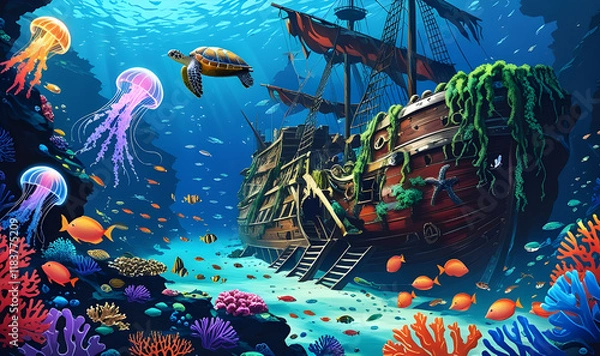 Obraz Enchanted Underwater Reef A Sunken Pirate Treasure Wonderland