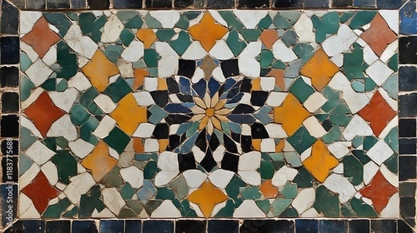 Fototapeta Colorful Mosaic Tile Floor Design Featuring Geometric Patterns