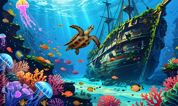 Obraz Enchanted Underwater Reef A Sunken Pirate Treasure Wonderland
