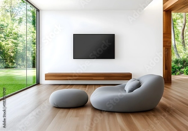 Fototapeta Modern and Minimalist Living Room with Natural Light, Comfortable Bean Bag Chairs, and Large Glass Windows Overlooking Lush Greenery Outside