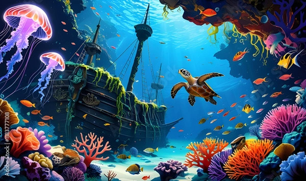 Obraz Enchanted Underwater Reef A Sunken Pirate Treasure Wonderland