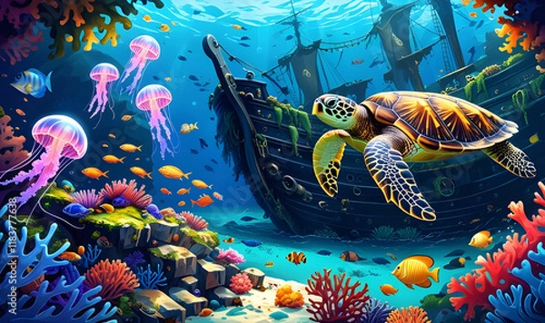 Obraz Enchanted Underwater Reef A Sunken Pirate Treasure Wonderland