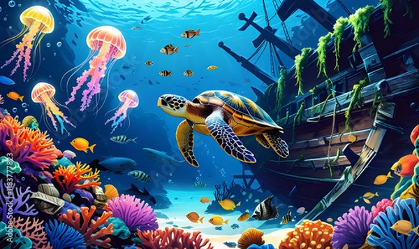 Obraz Enchanted Underwater Reef A Sunken Pirate Treasure Wonderland