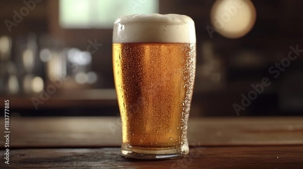 Fototapeta A close-up of a frothy pint of golden beer with condensation on the glass, set against a rustic wooden table, inviting viewers to enjoy a refreshing drink.