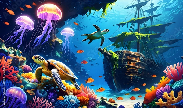 Obraz Enchanted Underwater Reef A Sunken Pirate Treasure Wonderland