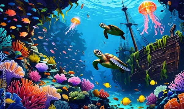Obraz Enchanted Underwater Reef A Sunken Pirate Treasure Wonderland