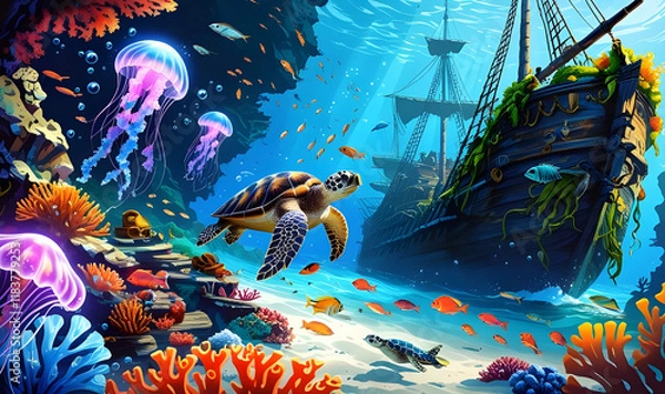 Obraz Enchanted Underwater Reef A Sunken Pirate Treasure Wonderland
