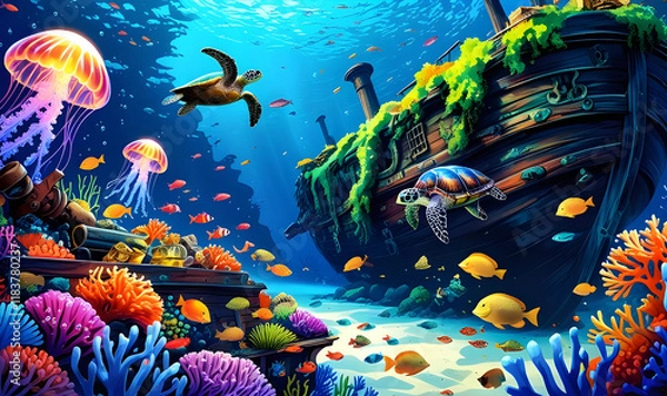Obraz Enchanted Underwater Reef A Sunken Pirate Treasure Wonderland