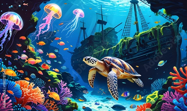 Obraz Enchanted Underwater Reef A Sunken Pirate Treasure Wonderland