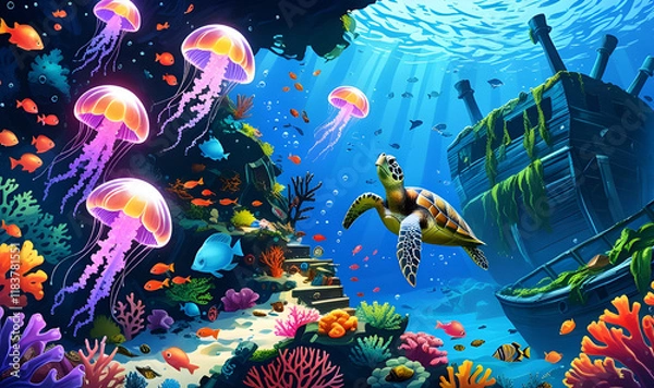 Obraz Enchanted Underwater Reef A Sunken Pirate Treasure Wonderland