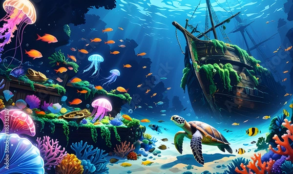 Obraz Enchanted Underwater Reef A Sunken Pirate Treasure Wonderland